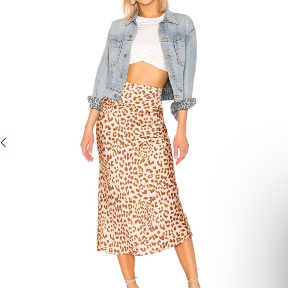 Free People Brown Leopard Print Satin Silk Summer Midi Skirt Size 2